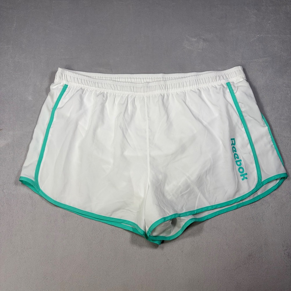 Reebok Womens XL White Teal Piping Running Shorts Mesh Liner Athletic Gym Active